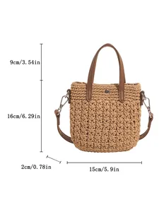 Dimensions détaillées du sac de plage tressé marron, hauteur 16cm et largeur 15cm