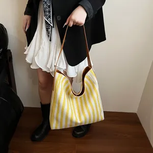 Lazy style large striped canvas tote bag with brown leather handles for women