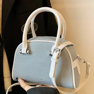 Petit Sac Carré en PU à Texture Tissée pour Femmes Couleur Contrastée Mini Sac Boston Porté Main et Bandoulière Sac à Épaule