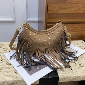 Women Retro Faux Suede Tassel Crossbody Bag With Gold Rivets Bohemian Half Moon Shoulder Bag Versatile Hobo Dumpling Bag For Daily Dating Party