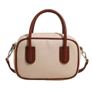 Retro canvas and brown leather Boston bowling bag with detachable shoulder strap