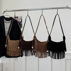Sac Bandoulière Vintage Bohème À Franges Daim PU Mat Gland Hobo Sac À Épaule Avec Perles En Bois Style Ethnique Femme