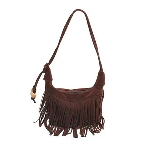Bohemian dark brown suede crescent shoulder bag with long fringes and wood bead accents