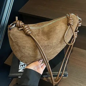 Sac Hobo Vintage Minimaliste en Simili Cuir PU Texture Daim Femme Sac Croissant Avec Bandoulière Nouée Grande Capacité