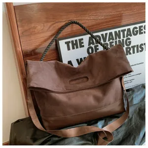 Vintage καφέ μεγάλη τσάντα tote με σουέτ υφή και υφαντή λαβή για γυναίκες καθημερινή