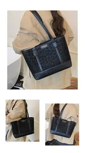 Multiple views of a black leopard print tote bag styled with a khaki trench coat