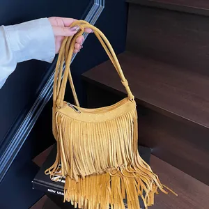 Sac Bandoulière Vintage Bohème pour Femme avec Franges en Suédine Cuir PU Grande Capacité Sac à Épaule Mode Urbaine