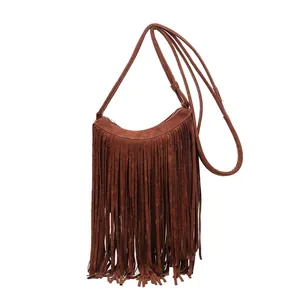 Sac bandoulière vintage marron en daim avec de longues franges et fermeture éclair boho