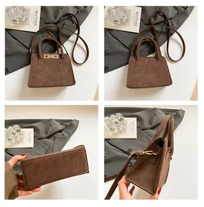 Detailed views of a brown vintage satchel showing the metal lock and textured material