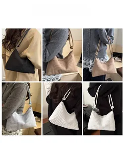 Detailed views of checkered tote bag shown in black, brown, grey, and white on models