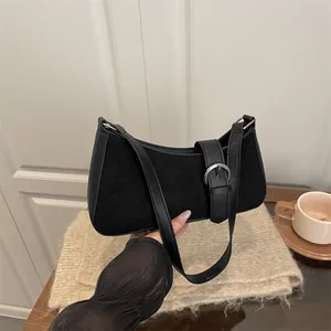 Minimalist Women Underarm Bag Retro Suede Faux Leather Patchwork Shoulder Bag With Silver Buckle Elegant Commuting Handbag