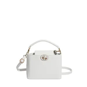 Borsa a tracolla bianca vintage in pelle con fibbia in metallo dorato e manico