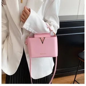 Detail of light pink crossbody bag with gold V logo and Fashion & Bags text on leather
