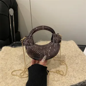 Sac de Soirée Coquille en Acrylique Métallisé pour Femmes Sac à Bandoulière à Rayures Texturées Avec Poignée Circulaire Sac à Main de Fête de Banquet