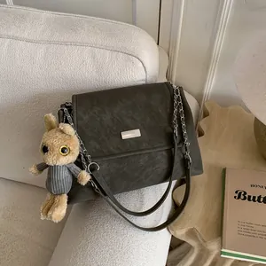 Vintage Frosted PU Leather Women Shoulder Bag Minimalist Metal Chain Strap Crossbody Purse Everyday Tote With Bunny Charm