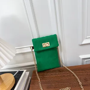 Vintage Quilted Velvet Mobile Phone Bag For Women Gold Metal Chain Crossbody Shoulder Bag Elegant Small Square Pouch Bag
