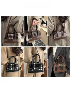 Collage of checkered crossbody bags worn with classic trench coats and suits