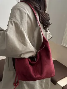 Vintage large burgundy suede hobo shoulder bag for women with elegant autumn style