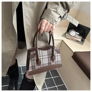 Vintage Plaid Bucket Bag For Women Fashion PU Leather Fabric Splicing Crossbody Handbag With Handle Adjustable Strap Daily Travel Purse
