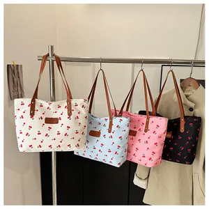 Borse tote in tela con stampa a ciliegia in quattro colori e manici in pelle marrone