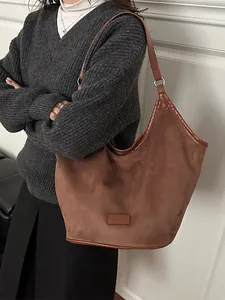 Sac fourre-tout vintage en daim marron pour femmes avec garniture en cuir pour le travail