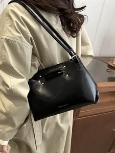 Women Vintage PU Leather Handbag Minimalist Tote Shoulder Bag With Gold Rivets Cutout Handle Daily Commute Fashion Bag