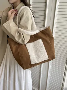 Women Large Capacity Sherpa Fleece Patchwork Tote Bag Faux Suede Shoulder Bag Autumn Winter Commute Daily Handbag