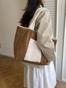 Winter plush tote bag in brown suede and white fleece with large capacity shoulder straps