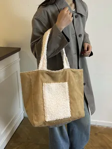 Fleece-trimmed khaki suede tote bag for women featuring large capacity shoulder straps