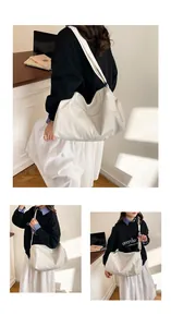 Three-way split view showing a large cream sports tote bag worn over the shoulder