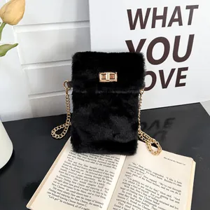 Dames Pluche Kunstbont Crossbody Telefoontasje Minimalistisch Mini Ketting Schoudertas Met Metalen Slot Gouden Ketting Tasje