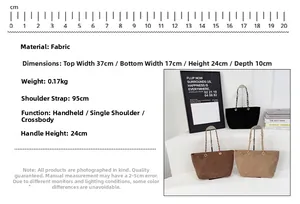 Detail showing dimensions and specifications of the velvet quilted chain tote bag