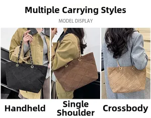 Detailed view of quilted suede tote with metal chain straps in three versatile colors