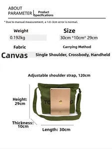 Detailed size specifications for army green canvas tote with dimensions and adjustable strap