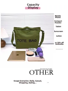 Large green canvas tote bag capacity display with tablet, umbrella and makeup