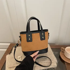 Vintage Quilted Faux Suede Bucket Bag For Women Retro Faux Leather Patchwork Tote Handbag Gold Rivet Crossbody Shoulder Bag
