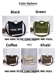 Collage of canvas tote bags in five colors with dual handles and adjustable shoulder straps