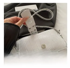 Close-up of crocodile pattern leather texture with silver magnetic buckle on white bag