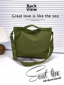 Detailed back view of an olive green canvas tote bag showing top handle and texture