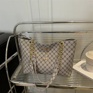 Women Large Capacity Tote Bag Vintage Monogram Print PU Leather Shoulder Bag With Gold Chain Strap Deer Pendant Casual Commuting Handbag