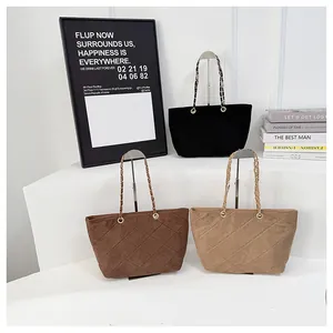 Three quilted suede tote bags in black, brown, and beige with chic chain straps