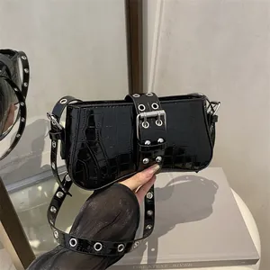 Women's Crocodile Pattern PU Leather Underarm Bag Y2K Streetwear Grommet Strap Large Buckle Shoulder Bag Fashion Retro Baguette Handbag