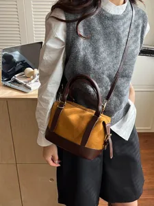 Sac à Bandoulière Boston en Suède et PU Patchwork Vintage pour Femme Sac à Main Bowling Rétro Avec Charme d'Ours