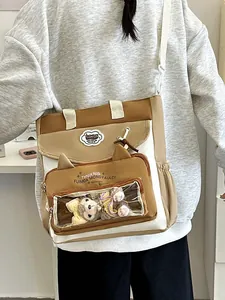Süße große Canvas Umhängetasche in Khaki und Weiß mit Sichtfenster und Plüschbär