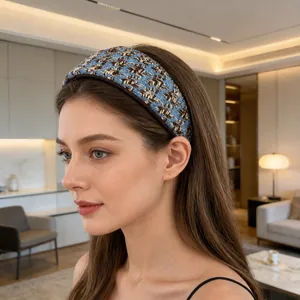 Serre-tête large tricoté à rayures pour femmes en texture tissée bleue et beige