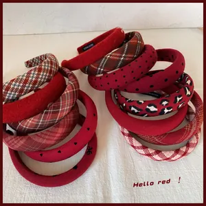 Vintage Red Plaid Polka Dot Leopard Padded Sponge Headband For Women Handmade Fabric Wide Headband Sweet Face Framing Hair Accessories