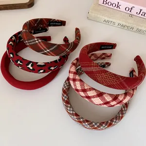 Vintage Plaid Leopard Fabric Headband Retro High Crown Hair Band Handmade Hair Accessories For Women New Year Daily Headwear