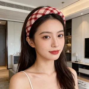 Red and white checkered thick headband with retro knit texture for a volumizing look