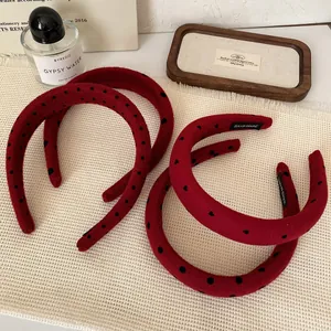 Red velvet padded headband set with black polka dots and hearts for women