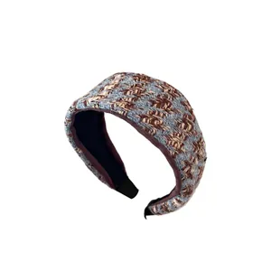 Serre-tête large en tricot rayé bleu et marron avec texture tweed pour l'automne